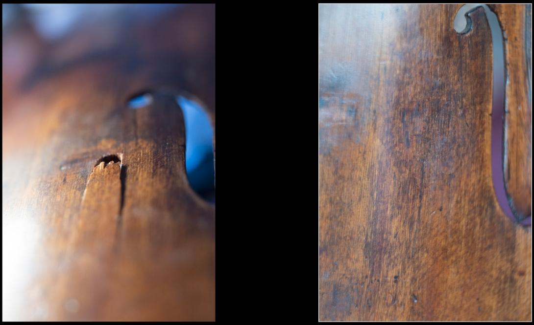 © François Louant Brisure de table de violon avant et après réparation